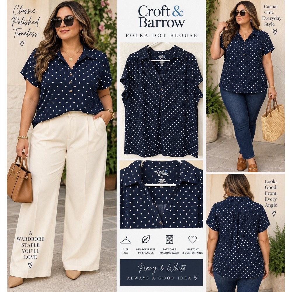 Croft & Barrow Navy Blue White Polka Dot Short Sleeve Blouse XXL Henley V-Neck